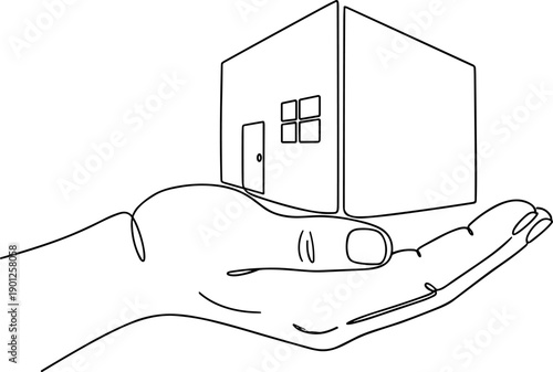 Continuous Line Art Vector: Hand Holding Abstract House Model Symbolizing Real Estate Investment, Home Security, Ownership, and Mortgage Concepts. Minimalist Single-Stroke Drawing.