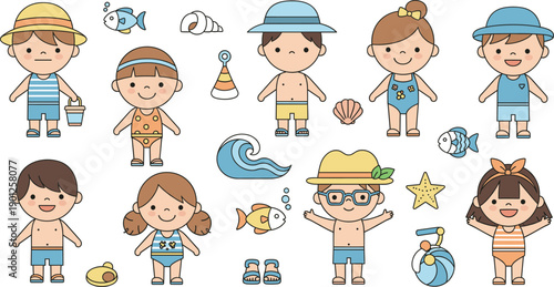 Cute kids beach vacation characters set with summer outfits sea elements cartoon vector illustration