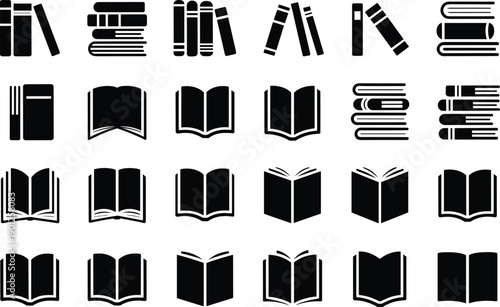 Minimalist black book icon set, open and stacked book silhouettes, vector library symbols for education, reading, publishing, graphic design resources