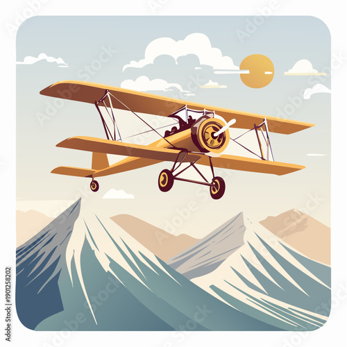 Retro Biplane Soars Above Majestic Snow-Capped Mountains Under a Sunny Sky