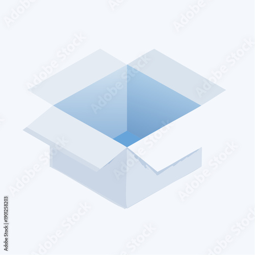 An open box with a blueish tint and a transparent lid, ready for packaging or delivery