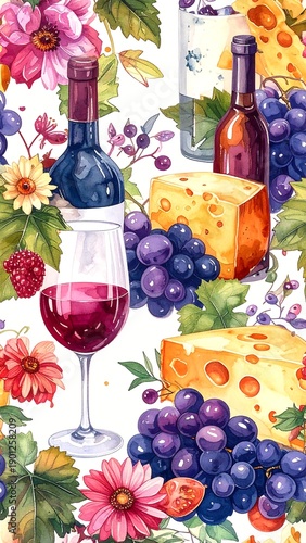 Watercolor still life of wine bottles, glass, grapes, cheese, and flowers on white