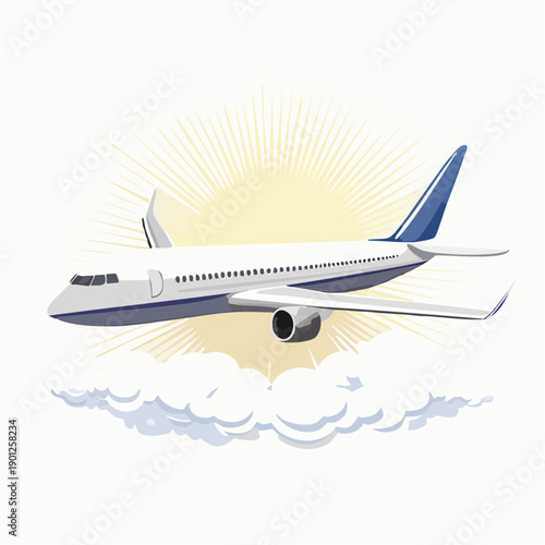 Vibrant illustration of a passenger airplane soaring through a sunny sky above fluffy clouds, symbolizing global travel and adventure