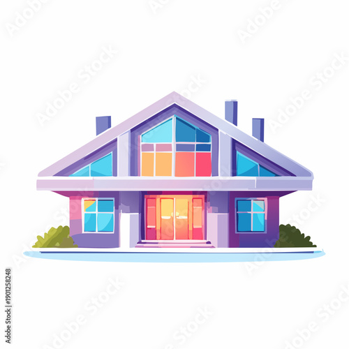 Modern cartoon style house illustration on a white background, featuring a unique triangular roof and vibrant colors