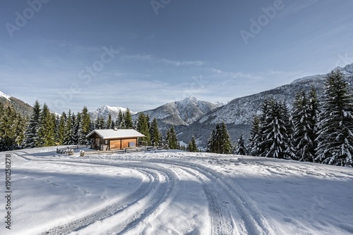 Fototapeta Snow-covered forest road in a Tyrolean valley, surrounded by conifers, a mountain hut, fresh snow, sunshine, with the Lechtal mountains in the background