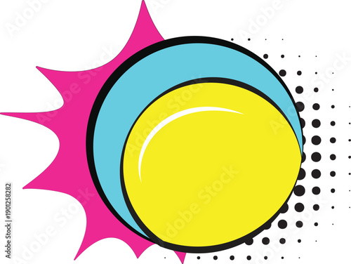 A yellow and blue ball with a pop art-style comic speech bubble.