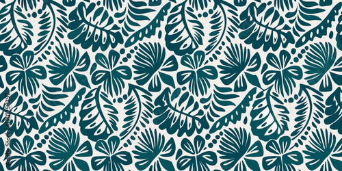 Seamless pattern of stylized teal tropical leaves on a white background