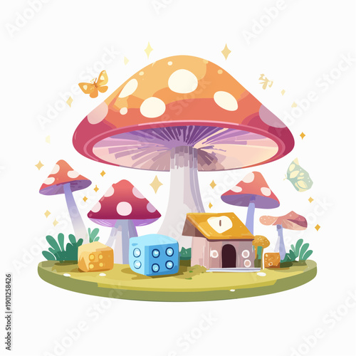 Charming Illustrated Fantasy World with Glowing Mushrooms, Dice, and a Little House on a Grassy Patch