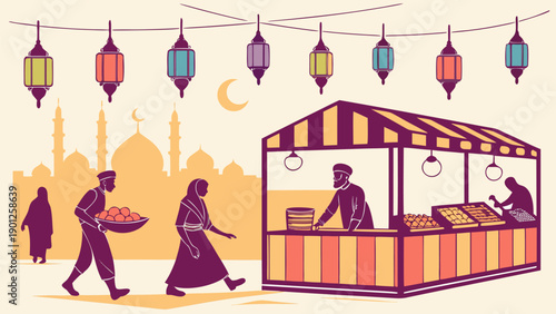 Vibrant street food market scene at dusk with colorful lanterns