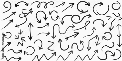 Collection of hand drawn arrows and swirling lines on a white background
