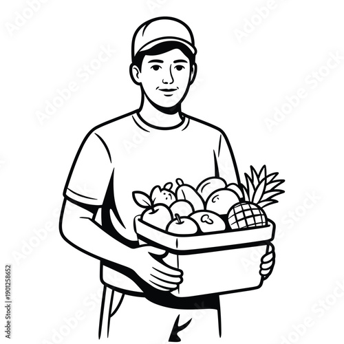 Smiling delivery person wearing a cap holds a box full of fresh assorted fruits