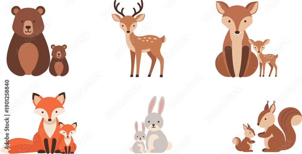 Fototapeta premium Cute forest animal family characters set including bear deer fox rabbit squirrel vector illustration