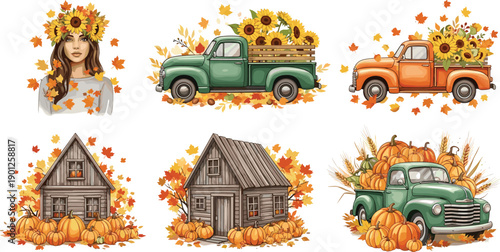 Autumn harvest illustration set, fall season pumpkins vintage trucks, cozy farmhouse houses, thanksgiving decor, warm seasonal vector artwork