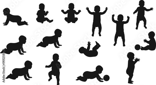 Baby silhouettes illustration set, crawling sitting standing poses, infant development actions, black flat vector collection, isolated white background