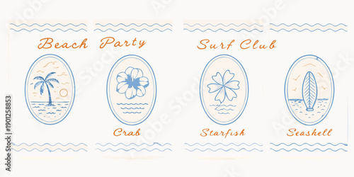 Beach party and surf club themed illustrations with ocean elements