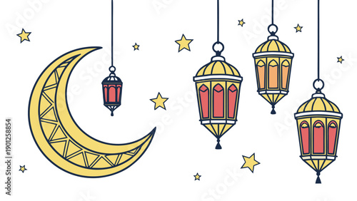 Vibrant hanging lanterns and crescent moon with stars