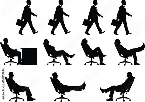 Business man silhouettes illustration set, office walking and sitting poses, corporate lifestyle scenes, black flat vector, design elements
