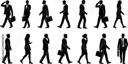 Business people walking silhouettes illustration set, men and women office workers, professional poses, black flat vector collection