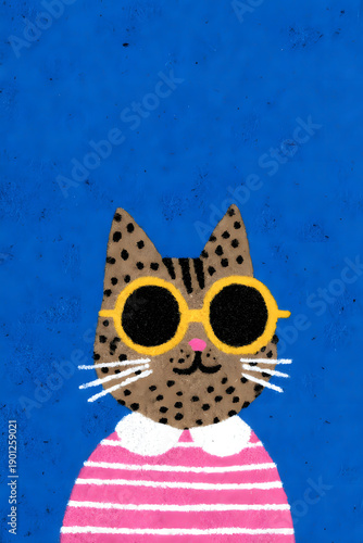 Cute cartoon cat in sunglasses and stripes