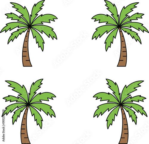 Cartoon palm tree illustration set, tropical summer plants, green coconut trees, island nature elements, flat vector style