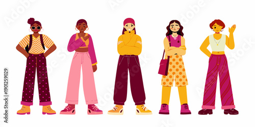 Diverse group of fashionable women standing in a colorful illustrated row
