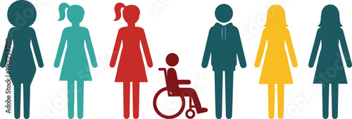 Colorful people icons illustration set, men women and disabled person, diversity inclusion concept, flat vector characters collection