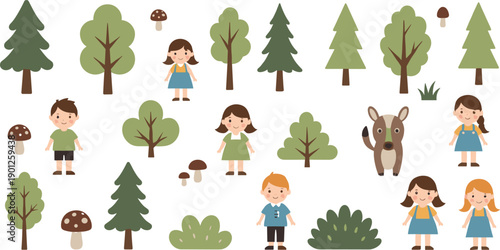 Cute Kids and Forest Animals Cartoon Vector Illustration Set