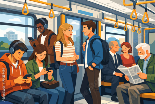 People Commuting in Public Transport Using Smartphones and Reading in City Train