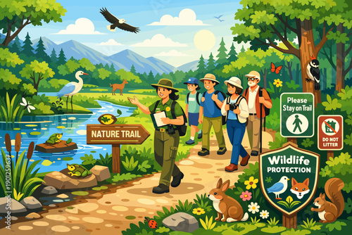 Wildlife Protection Nature Trail with Rangers and Visitors in National Park