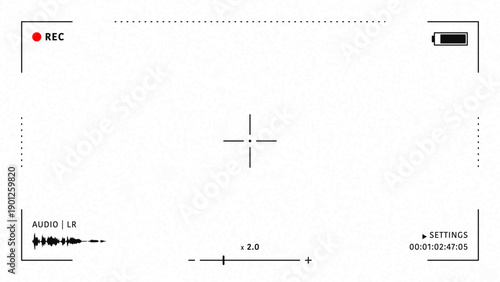 Camera viewfinder overlay. Video camera viewfinder on white background. Video camera viewfinder display frame for recording video and photos. Recording camera screen with indicators and frame. Vector