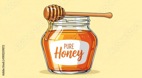 A vector graphic illustration of a glass jar of pure honey with a wooden honey dipper on a pale yellow background