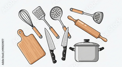 A colorful illustration of various kitchen utensils and tools arranged together