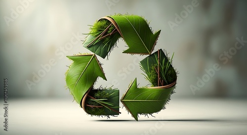 Green recycling symbol made of fresh leaves representing eco friendly sustainability nature conservation