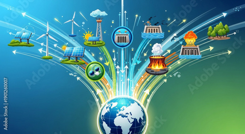 A vibrant vector graphic illustrating various energy sources and their connections to the Earth