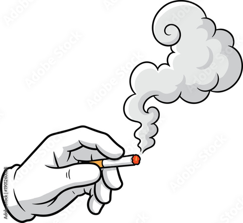 Hand holding lit cigarette illustration, smoking addiction concept, toxic smoke, health risk symbol, minimal vector design, isolated background