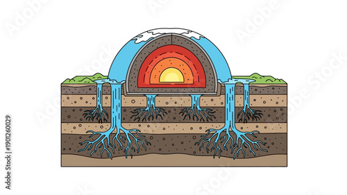 Geological Cross Section Diagram: Groundwater Cycle, Earth Layers, and Aquifer System. Water Infiltration and Root Absorption Illustration.