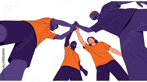 Diverse Team High Five Huddle. Flat Illustration of successful collaboration, unity, and partnership in business or sports, low angle view.