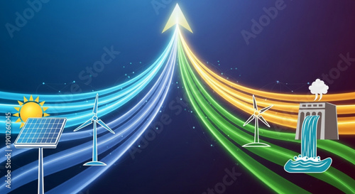 A vector graphic illustration of renewable energy sources and pollution, symbolizing a sustainable future with solar panels, wind turbines, and hydroelectric power.
