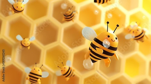 Cute cartoon bees flying in a honey hive animation