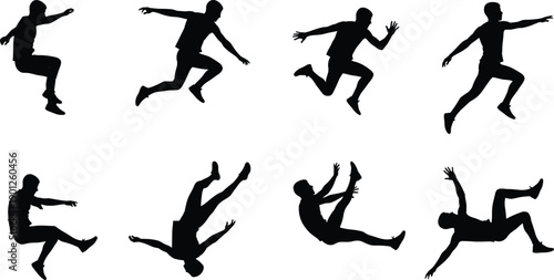 Jumping people silhouettes illustration set, dynamic action poses, falling and flying motions, sport movement, black flat vector collection