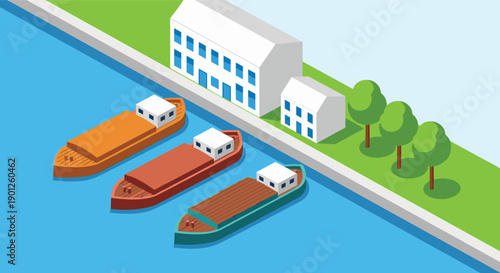 Isometric cargo ships at harbor illustration, freight boats near port buildings, logistics transportation concept, flat vector design