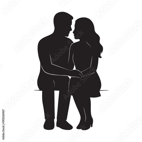 Silhouette of couple sitting on bench holding hands, romantic vector illustration symbolizing affection and companionship