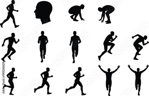 Male athlete silhouettes illustration set, running jumping fitness poses, sport training actions, black flat vector collection