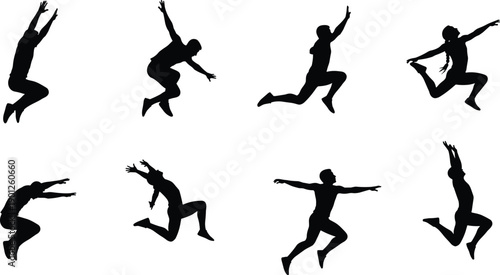 Jumping people silhouettes illustration set, dynamic action poses, flying motion gestures, sport energy expressions, black flat vector collection