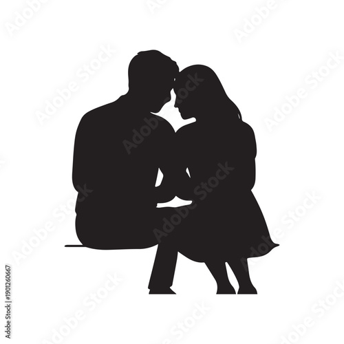Silhouette of couple sitting closely on bench with heads inclined, black vector illustration symbolizing love and unity