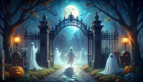 Spooky graveyard gate scene with glowing moon and ghostly figures