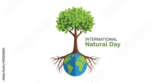 Illustration of a tree growing out of the Earth on International Natural Day, symbolizing nature conservation and environmental protection with a green earth vector and eco-friendly design.