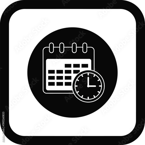 Black and white icon of calendar and clock