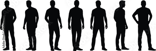 Male standing silhouettes illustration set, men body poses, casual human figures, black flat vector collection