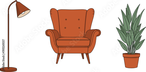 Mid century living room furniture illustration set, armchair, floor lamp, houseplant, modern interior decor, flat vector design elements